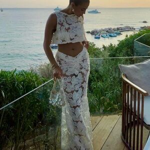 NEW PepperMayo Fiorella Floret Sheer Lace Maxi Column Skirt in Pale Yellow 6